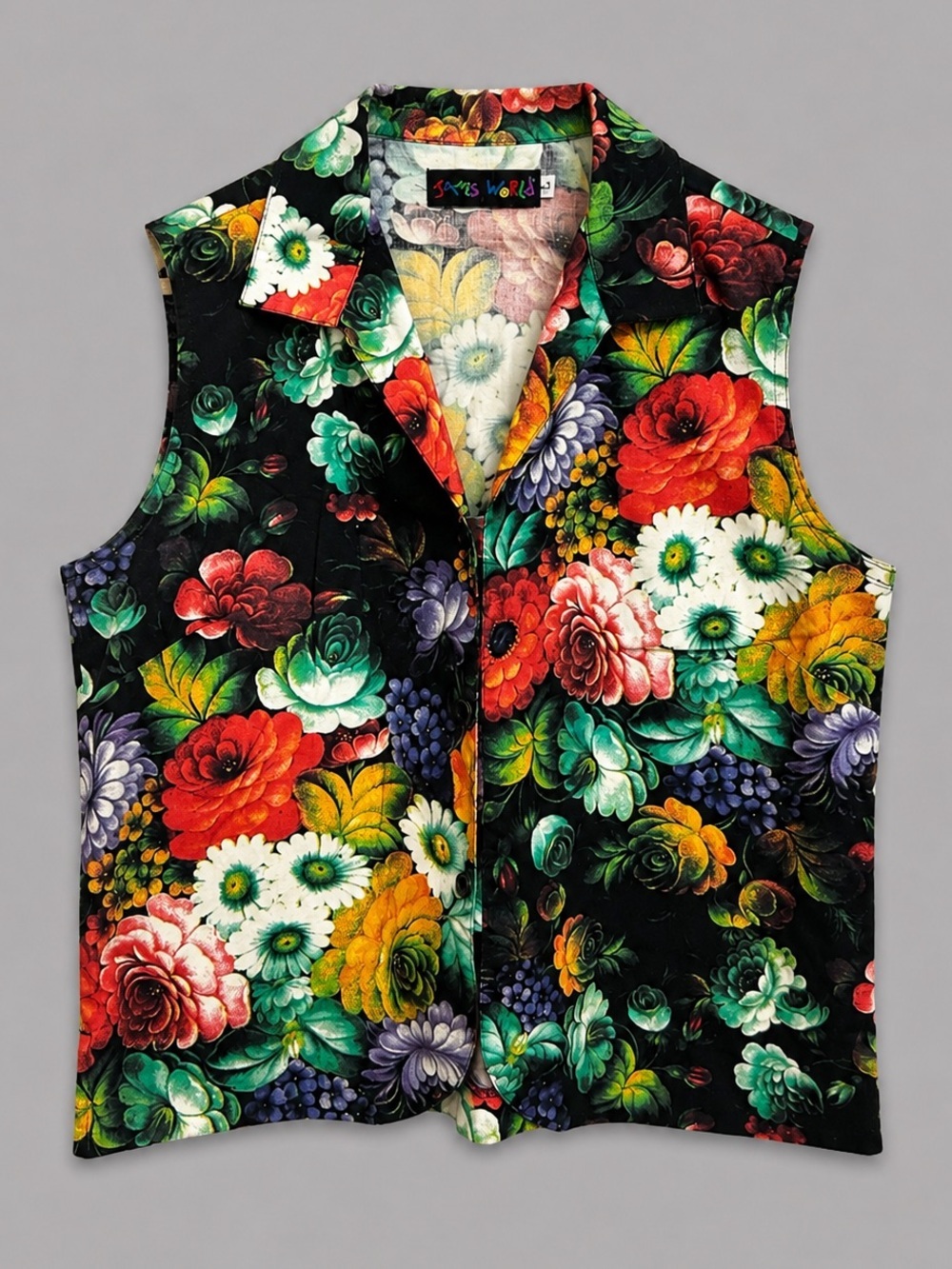 Vintage Jams World Floral Cotton Vest Size Large Tropical Botanical Button Front